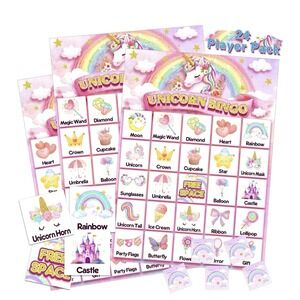 Liliful 35 Pcs Unicorn Bingo Game 24 Players Party Bingo Cards Pink Unicorn T...
